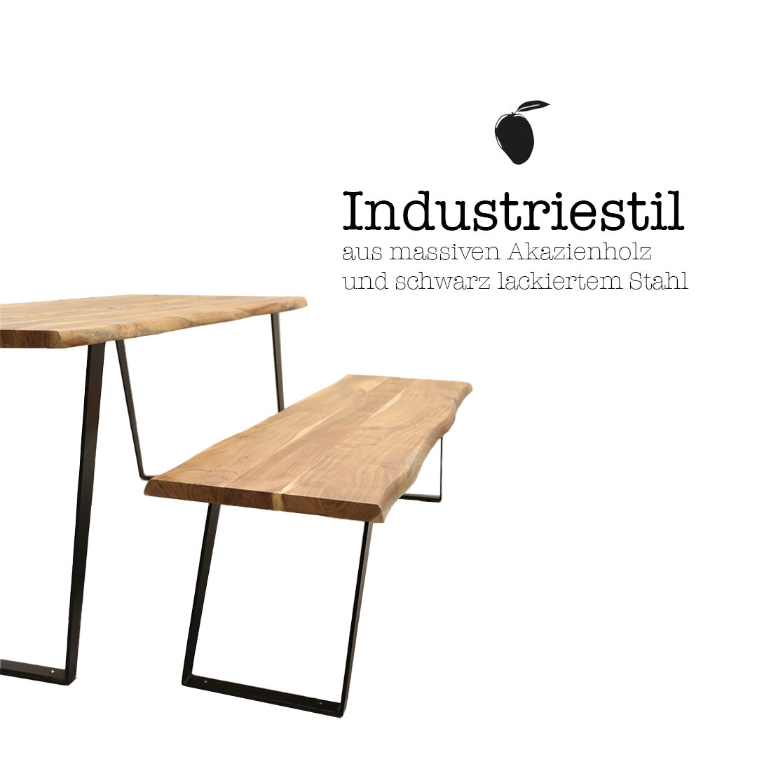 Tisch + Bank Set aus Akazienholz mit Baumkante