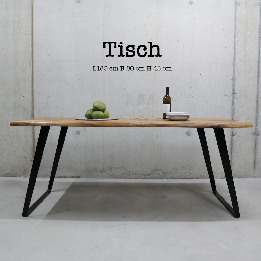 Tisch + Bank Set aus Akazienholz mit Baumkante