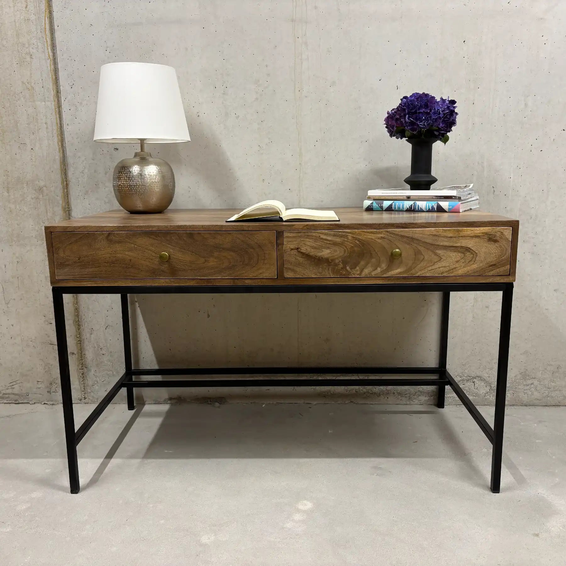 Mango Schreibtisch 2 Schubladen – Massivholz Cabinet Desk mit Stahl