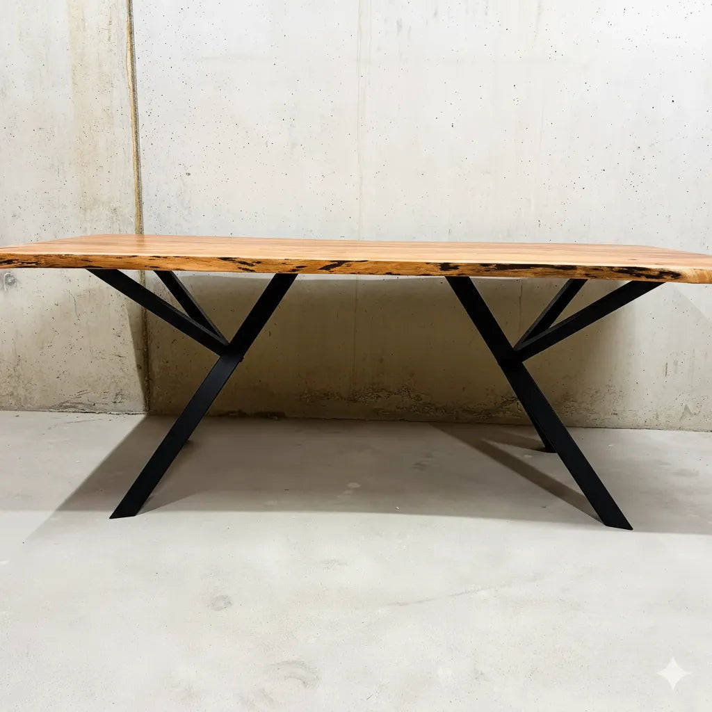 Acacia Esstisch 200 cm Frontansicht, natürliche Baumkante, schwarzes X-Gestell