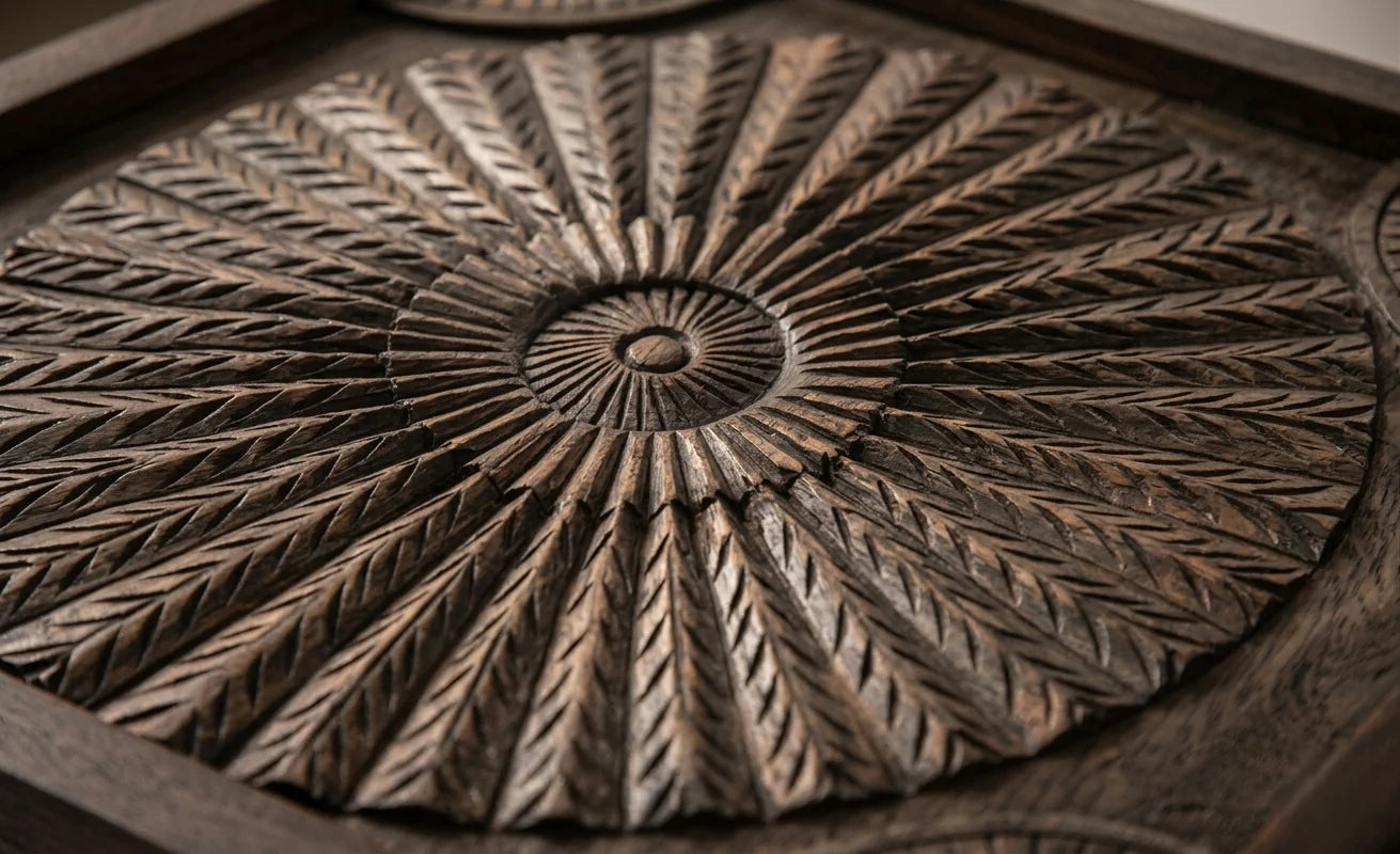 Solid wood sideboard mango wood 165 cm - carved front & black metal legs | PR01