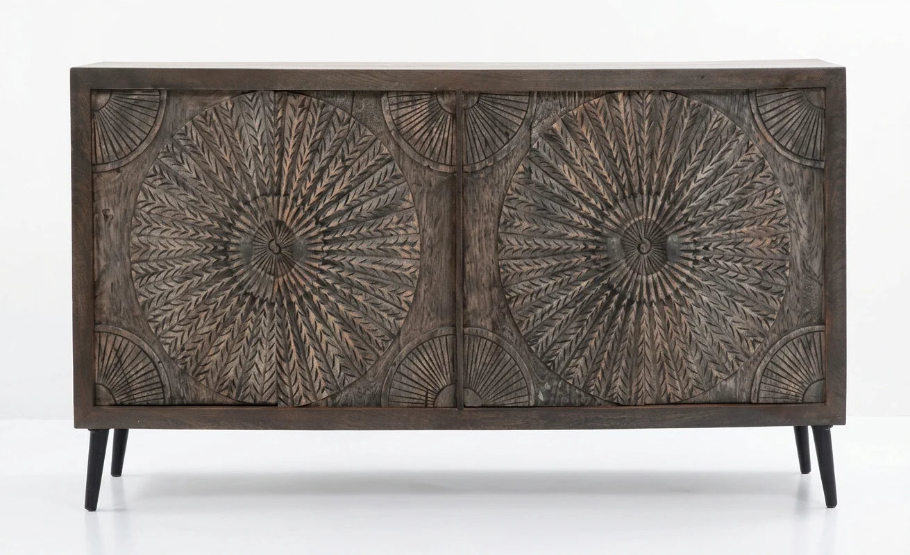 Solid wood sideboard mango wood 165 cm - carved front & black metal legs | PR01