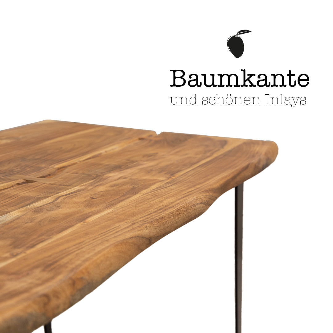Tisch + Bank Set aus Akazienholz mit Baumkante