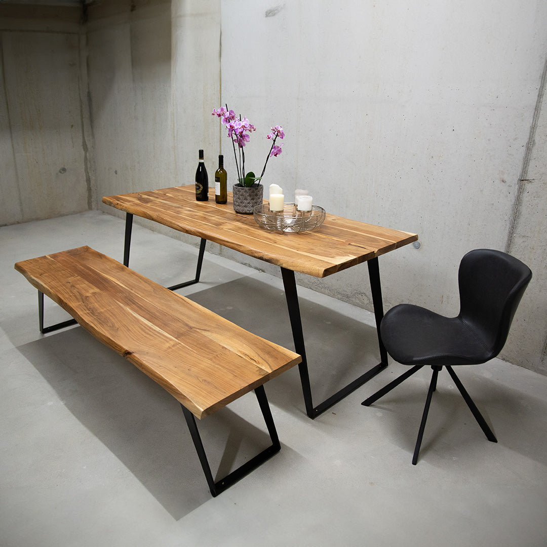 Acacia wood bench with tree edge