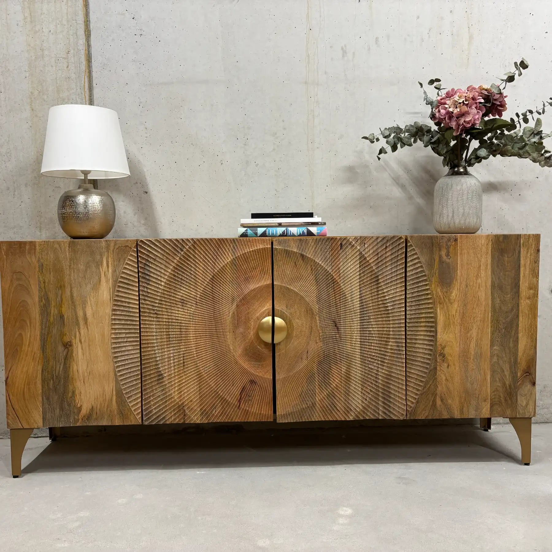 Mango Sideboard 177 cm – Handmade Sunburst Design with 4 Doors 