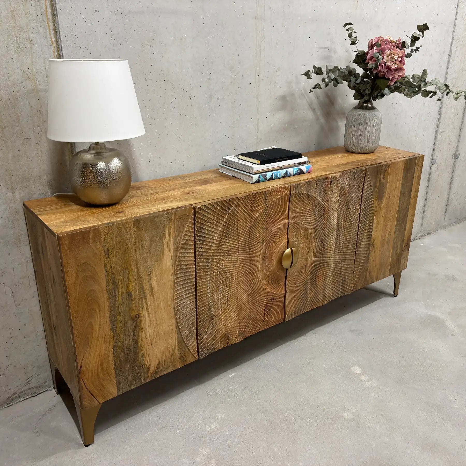 Mango Sideboard 177 cm – Handmade Sunburst Design with 4 Doors 