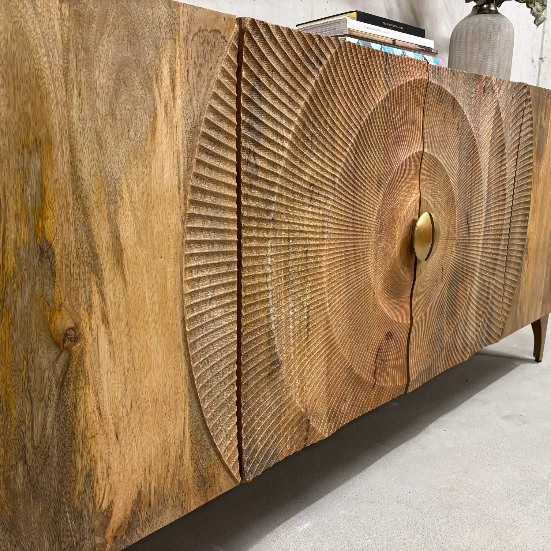 Mango Sideboard 177 cm – Handmade Sunburst Design with 4 Doors 