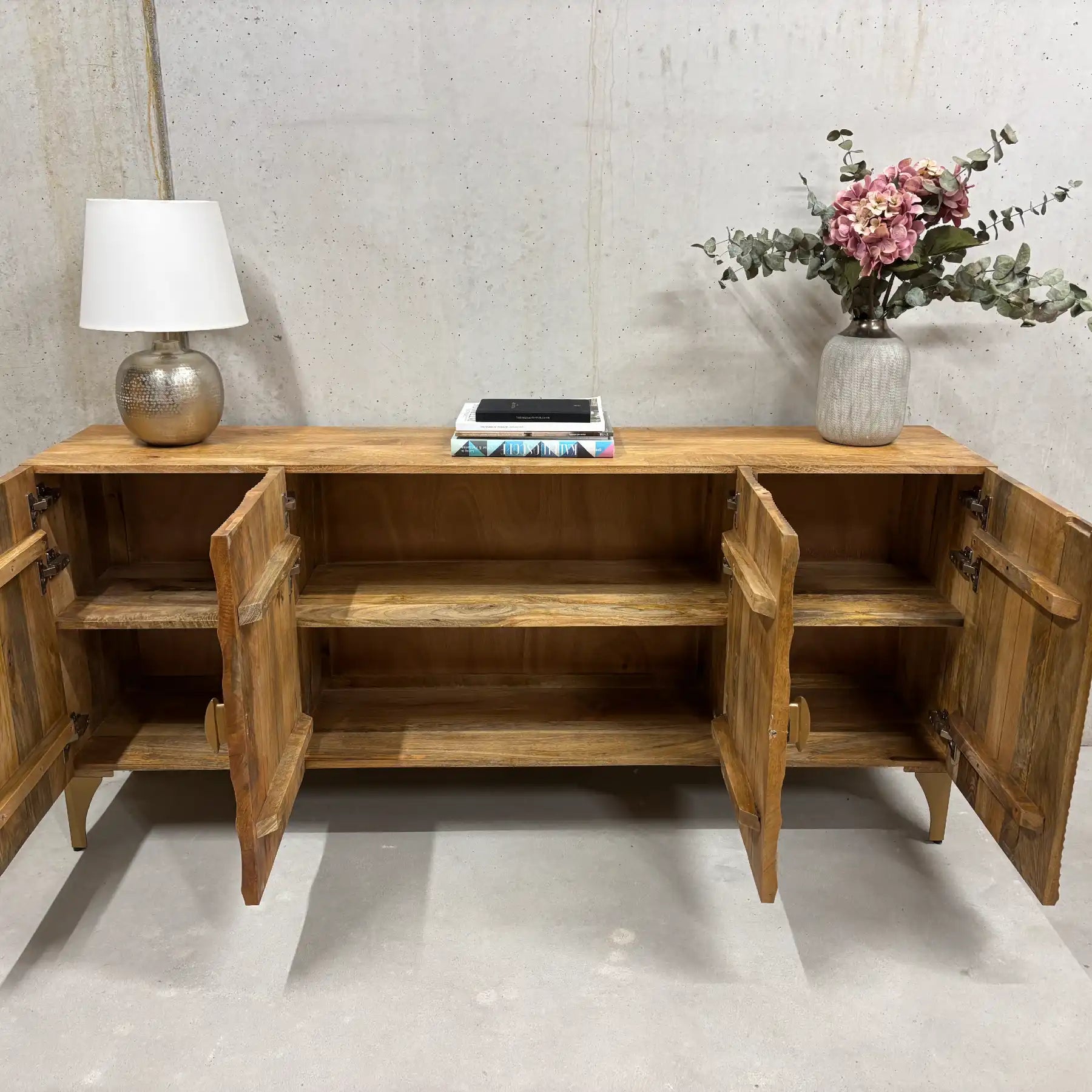 Mango Sideboard 177 cm – Handmade Sunburst Design with 4 Doors 