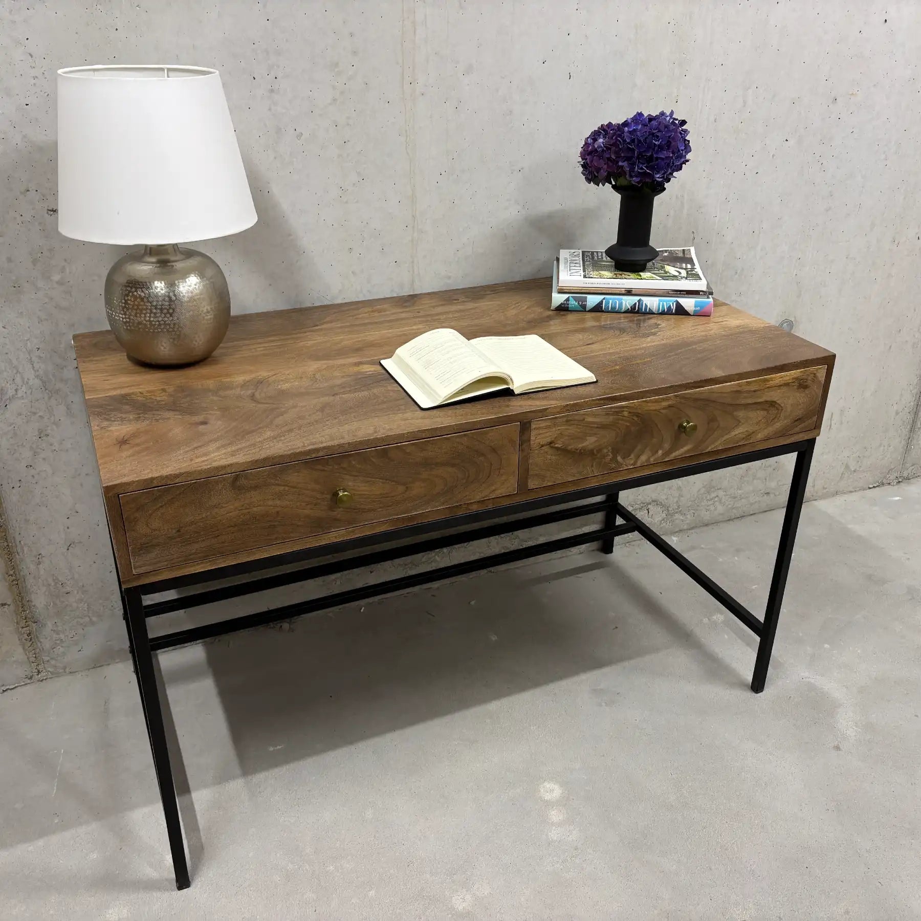 Mango Desk 2 Drawers – Solid Wood Cabinet Desk with Steel 