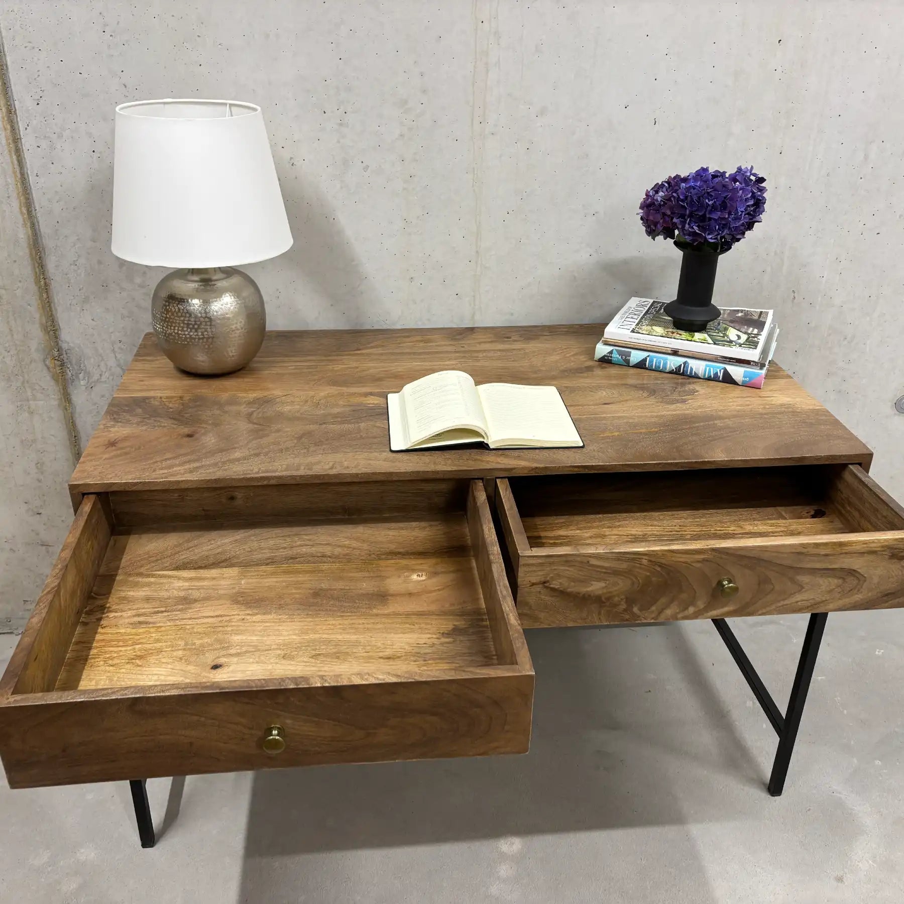 Mango Desk 2 Drawers – Solid Wood Cabinet Desk with Steel 